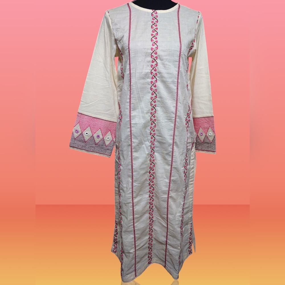 Elegant Pink and Cream Embroidered Dress With Statement Embroidered Sleeves
